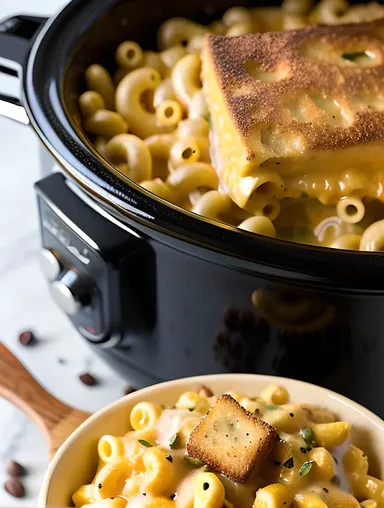 Creamy Mac and Cheese in a Crockpot with Croutons