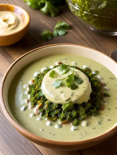 Creamy Raita Garnished with Fresh Cilantro on Rustic Table