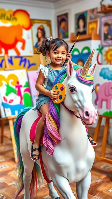 Creative Girl Paints on Unicorn in Artistic Studio