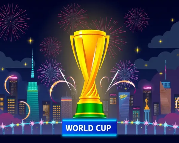 Cricket World Cup Trophy on City Skyline at Night with Neon