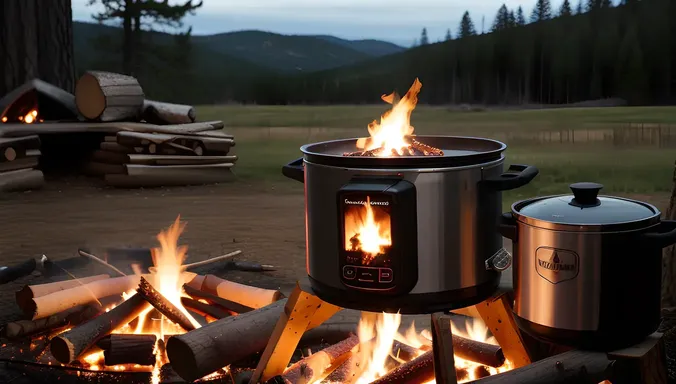 Crockpot in Rustic Outdoor Setting with Campfire