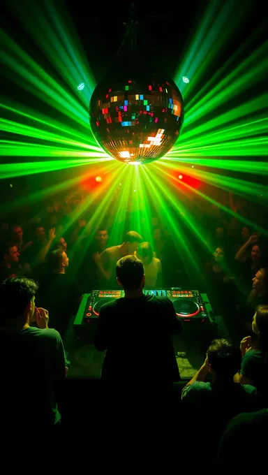 Crowd Mesmerized by Spinning Records and Disco Ball in DJ Booth