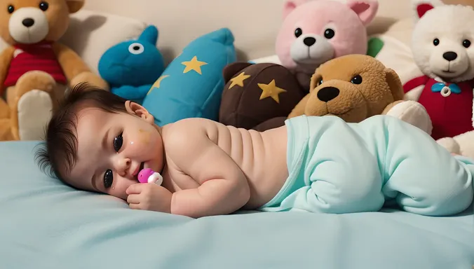 Crying Baby Surrounded by Toys and Stuffed Animals