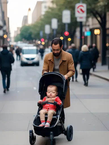 Crying Baby in Stroller on Busy City Street