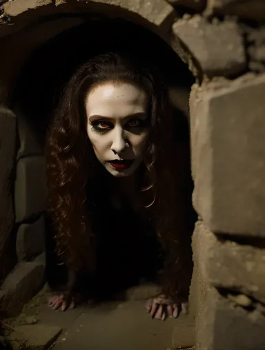 Crypt Emerging Female Vampire in Dark Atmosphere