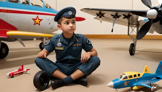 Curious Air Force Boy in Hangar with Toy Planes