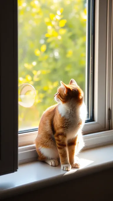 Curious Cat Gazing Out at Sunny Day