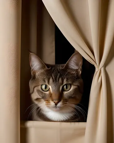 Curious Cat Peeks from Behind Curtain