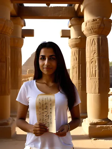Curious Egyptian Girl Holds Papyrus Scroll