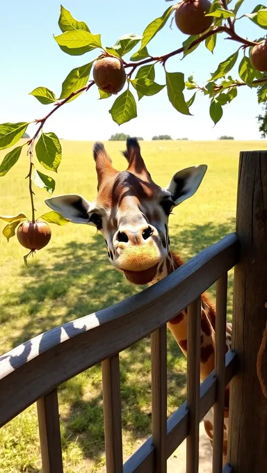 Curious Giraffe Peers Over Fence for Juicy Leaves