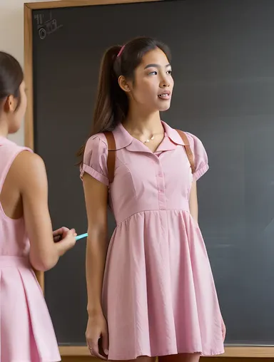 Curious School Girl in Pink Dress with Chalk and Teacher