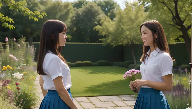 Curious School Girl with Flower in Garden