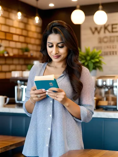 Cute Bhabhi in Trendy Cafe with Book and Latte