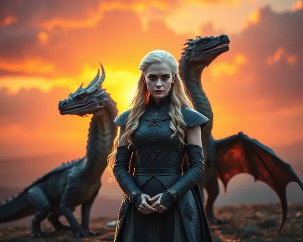 Daenerys with Three Dragons Against Fiery Sunset.