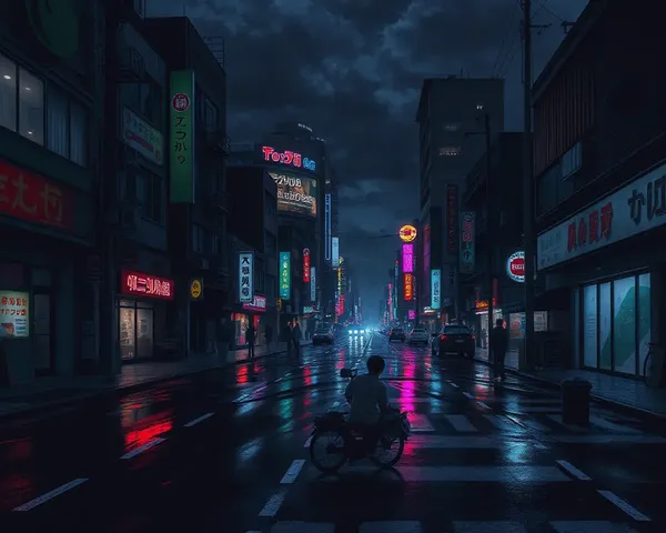 Dark Anime Cityscape at Night with Neon Reflections