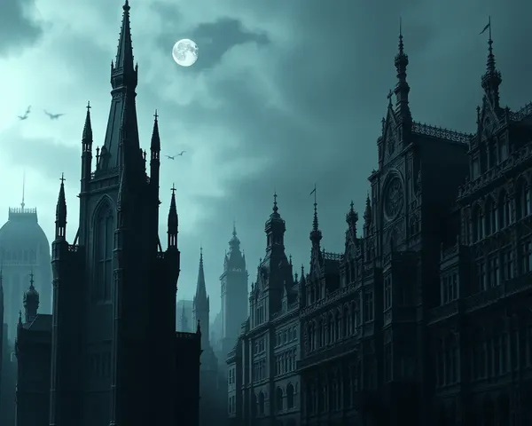 Dark Gothic Cityscape with Full Moon and Ominous Shadows