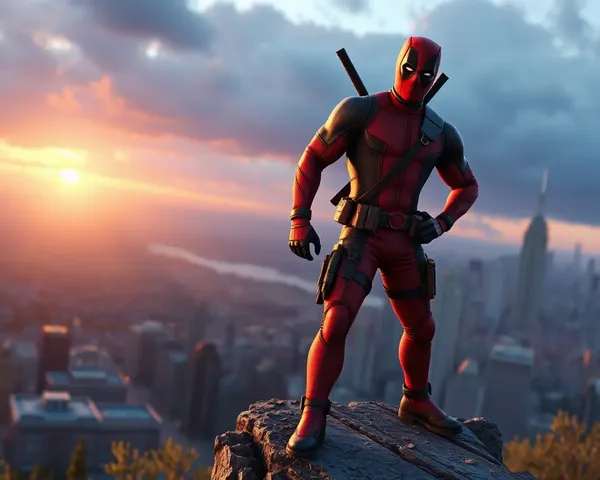 Deadpool 3D Wallpaper: Deadpool Overlooks 3D Cityscape at Sunset Cliff