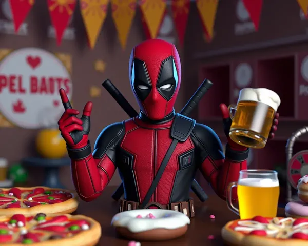 Deadpool 3D Wallpaper: Deadpool Surrounded by 3D Party Food and Drinks