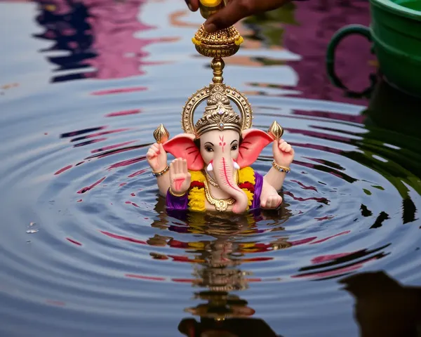 Decorated Ganesh Idol Submerged in Water Ripples