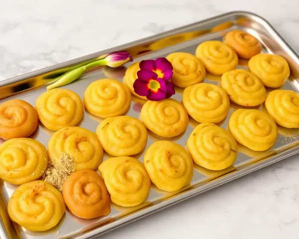 Decorative Soan Papdi Tray with Fresh Flowers and Cardamom.