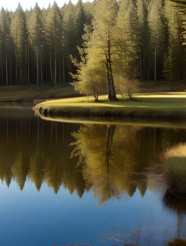 Deer Antlers Reflected in Still Pond with Forest Landscape