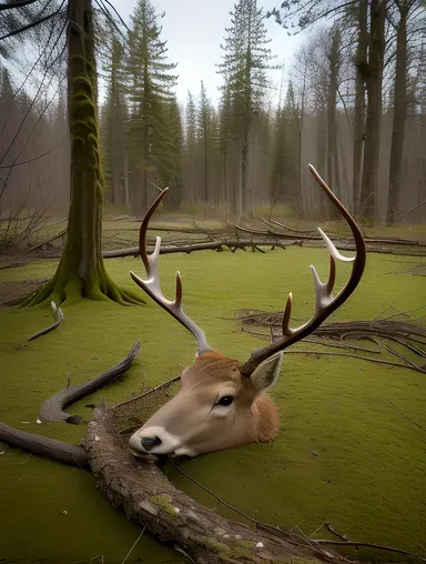 Deer Antlers Tangled with Vines and Moss in Nature's Reclaim