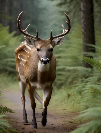 Deer Running through Misty Forest with Bobbing Antlers