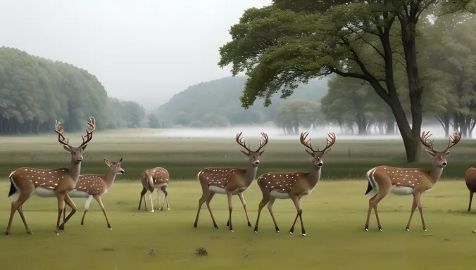 Deer in Forest with Antlers Visible in Foreground Against Misty Background