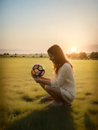 Delicate Girl Plays in Green Meadow