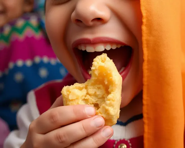 Delighted Child Devours Shok Sandesh Pastry Close-Up