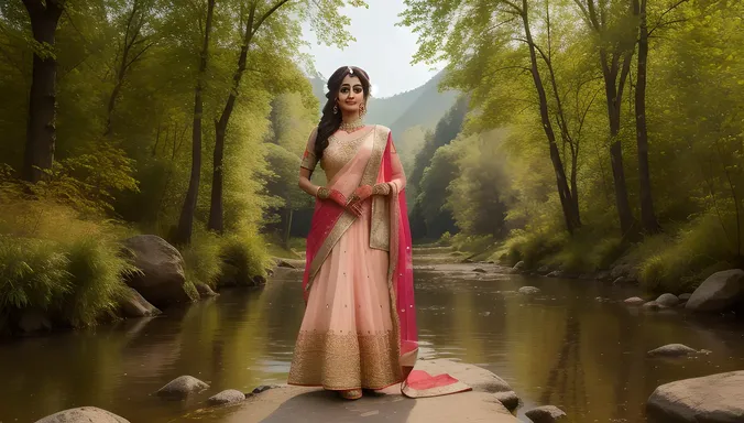 Demure Indian Dulhan in Soft Pink and Gold Salwar Kameez in HD PNG.