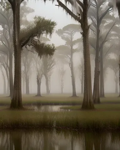 Dense Misty Swamp at Dawn with Cypress Trees