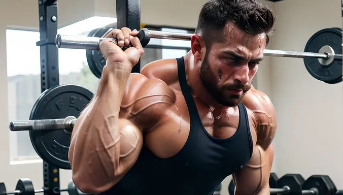 Determined Bodybuilder Lifts Heavy Weights in Gym