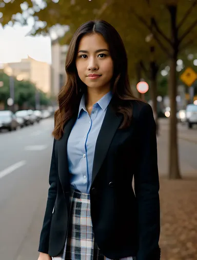 Determined School Girl in Black Blazer in Front of School
