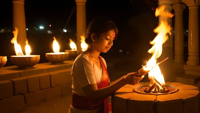 Devotee Performs Ritual at Ahobilam Temple with Sacred Flame