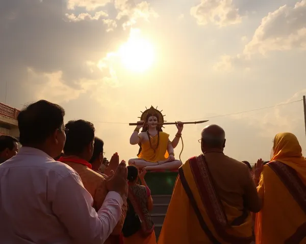 Devotees Praying to Suryadev with Majestic Sun and Sky