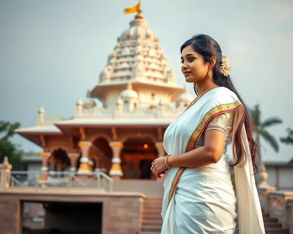 Devout Indian Woman in a White Saree at Temple