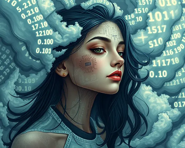 Digital Art Girl Surrounded by Swirling Code Patterns