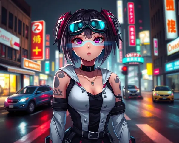 Digital Art Girl in Cyberpunk City Night Scene