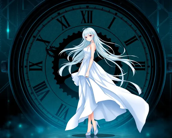 Digital Art Girl in Front of Massive Digital Clock Face