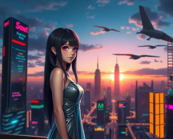 Digital Art Girl in Futuristic Cityscape Sunset Glow