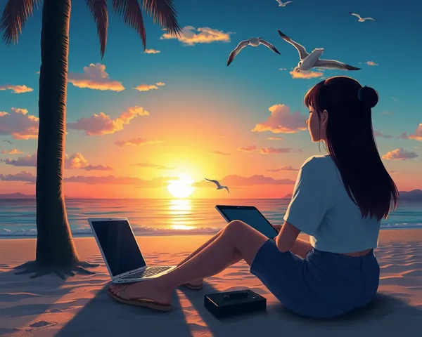 Digital Art Girl on Beach with Digital Sunset