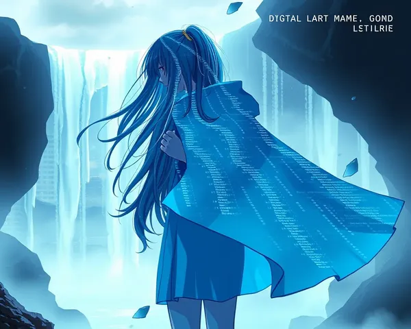 Digital Art Girl with Digital Cloak and Waterfall