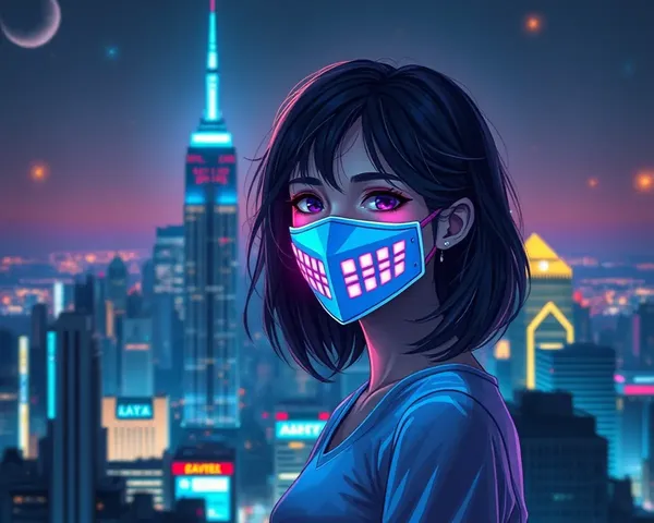 Digital Art Girl with Digital Mask and City Skyline