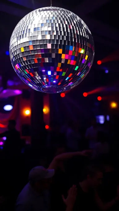 Disco Ball Spinning above Dance Floor with Reflected Lights