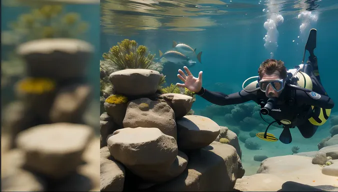 Diver Touches Curious Bava Fish Photo