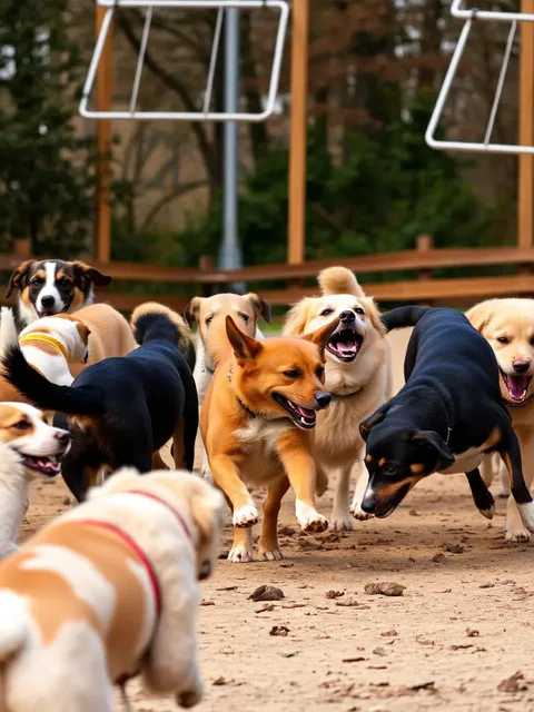 Diverse Dogs Play Together in Dog Park Fun
