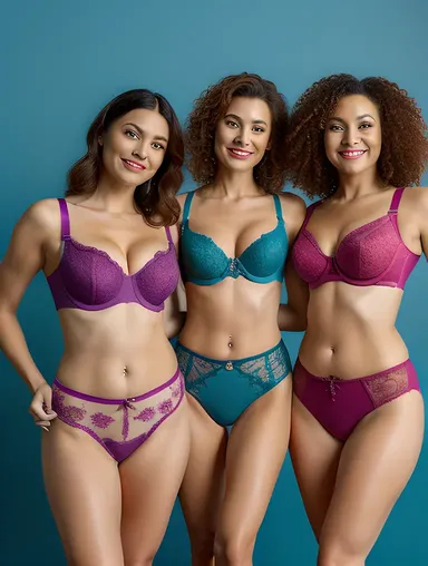 Diverse Women Showcase Variety of Bras in Colorful Setting