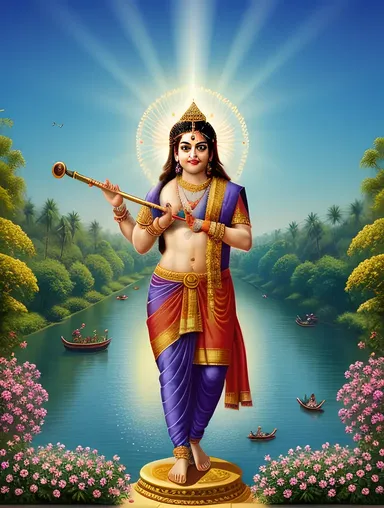 Divine Prince Krishna Playing Flute with Halo of Light