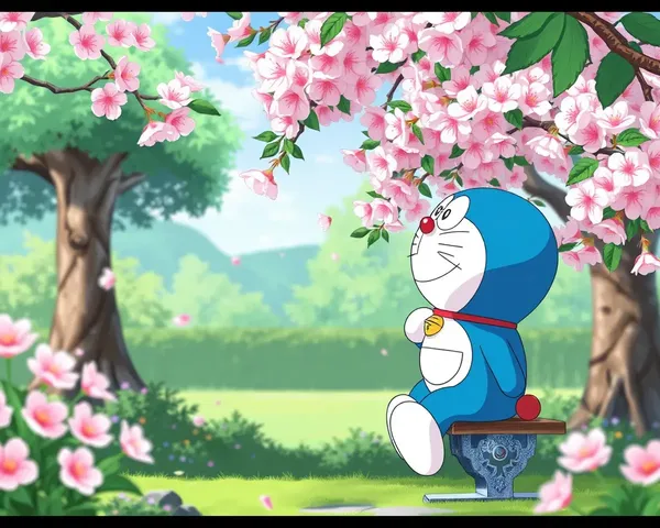 Doraemon Enjoys Serene Cherry Blossom Garden Moment